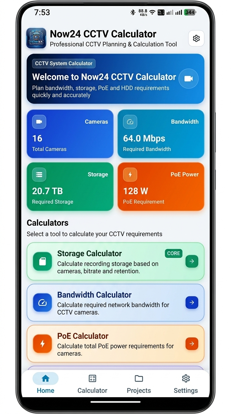 Now24 CCTV Calculator App Interface